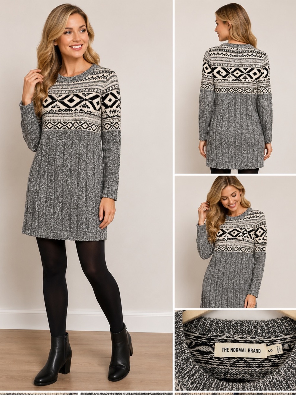The Normal Brand Women's Grey Patterned Knit Dress NEW